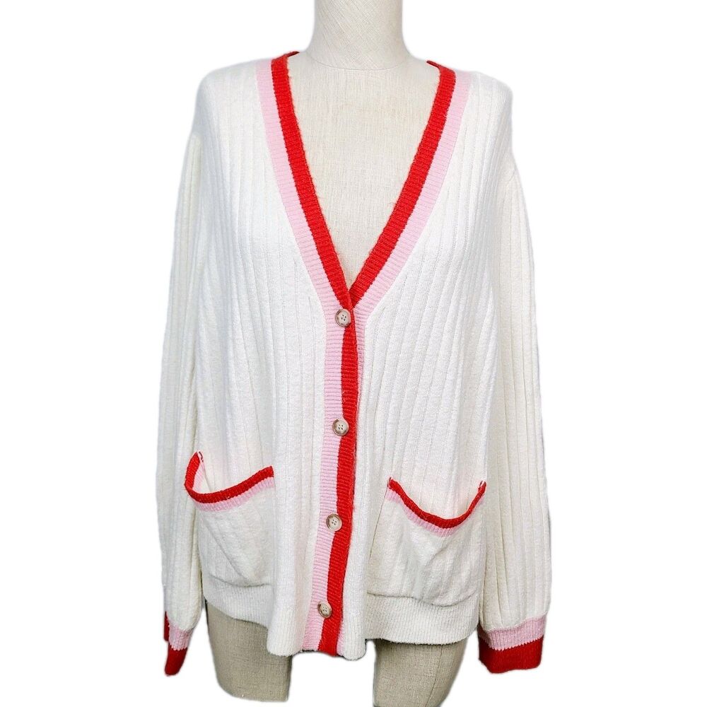 Loft Cardigan Sweater XL Cream Red Pink Soft‎ Knit V-Neck Button-Front